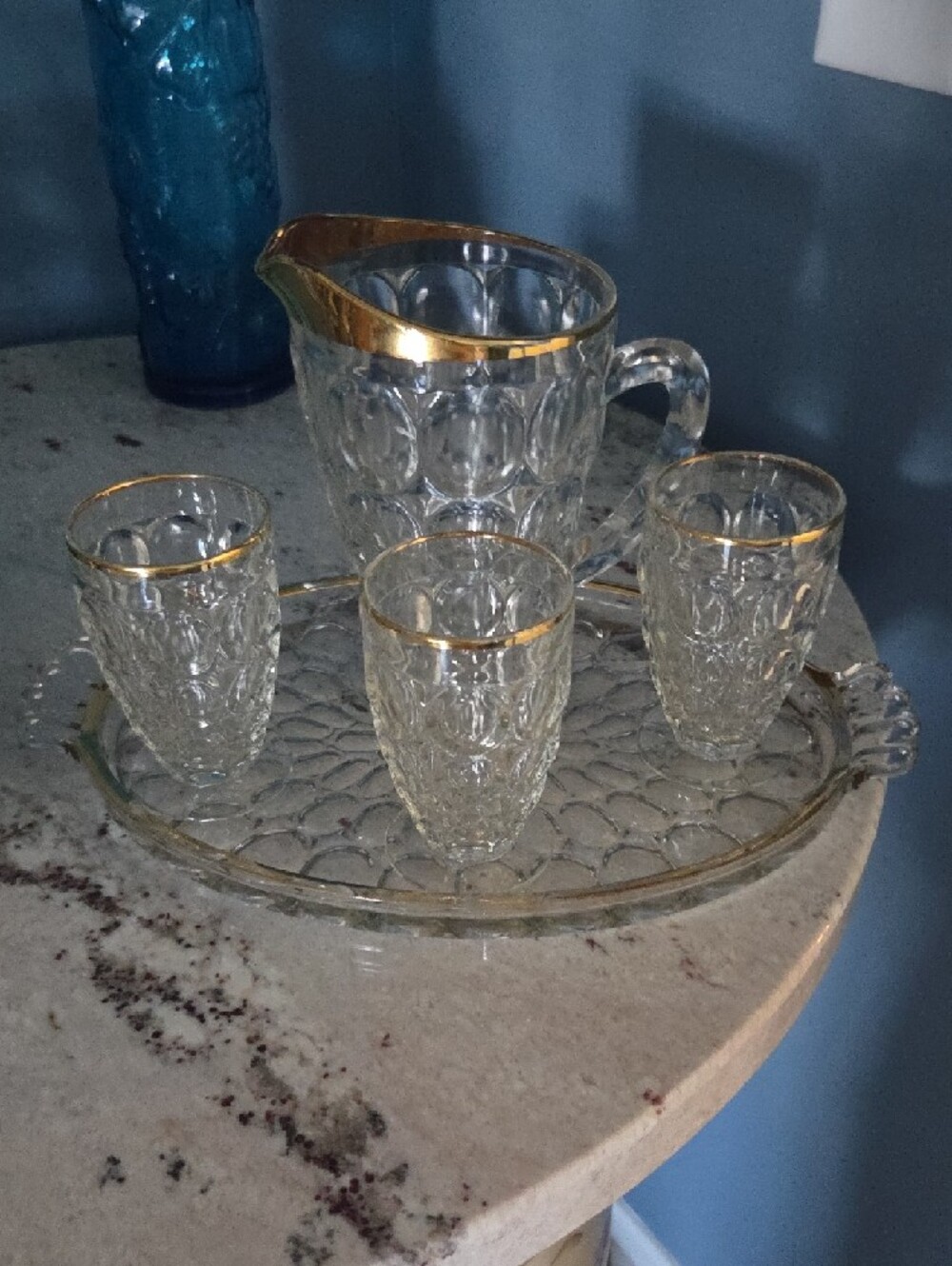 Jeanette Thumbprint Glass Pitcher and Glasses Set with Gold Trim
